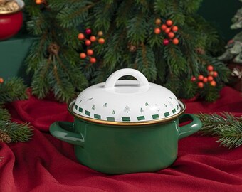 Mini pentole smaltate Winter Joy | 14 cm verde,  albero di Natale, stufato smaltato con 2 manici e coperchio, pentolame vintage