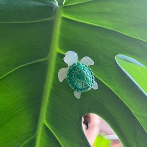 May include: A small, white ceramic turtle figurine with a green shell and a heart-shaped design. The turtle is sitting on a green leaf.