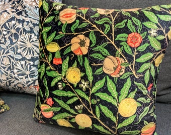 Linen-Look William Morris Pillow, Lemons Fruit Pattern Pillow, Green and Black Throw Pillow, Custom Housewarming Gift