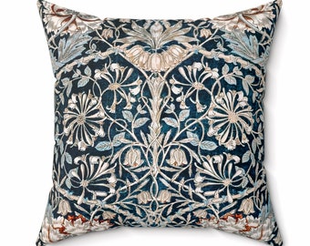 Linen-Look Blue Pillow, William Morris Pillow, Honeysuckle Throw Pillow, Housewarming Gift, Floral Square Pillow