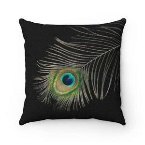 Linen-Look Black Peacock Pillow, Customized Square Black Pillow with a Peacock Feather