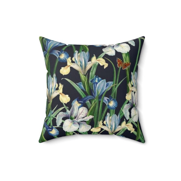 Faux Suede Black Iris Pillowcase, Black Floral Print Cushion Cover