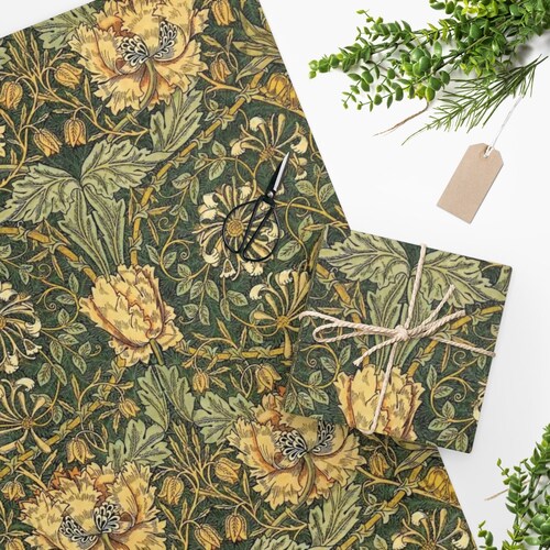 William Morris Wrapping Paper With Pimpernel Print Green Gift Etsy