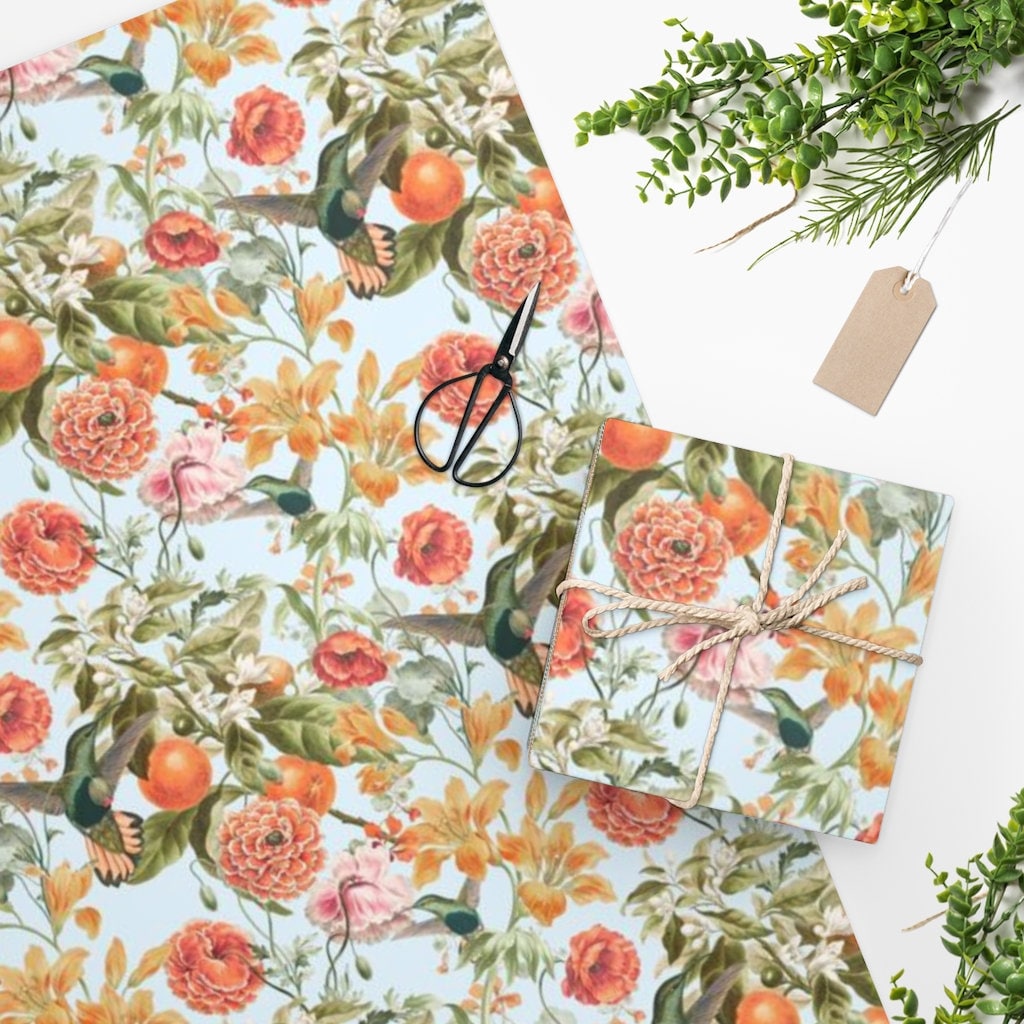 Floral Wrapping Paper With Oranges, Flowers and Hummingbirds, Floral ...