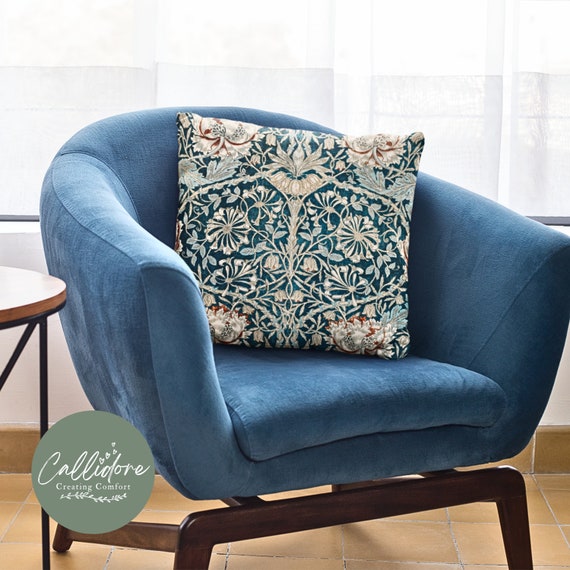Faux Suede Pillow, William Morris Blue Print Pillow, Fancy Garden