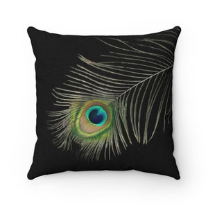 Black Peacock Pillowcase in Linen Look, Black Cushion Cover, Stylish Pillow Cover