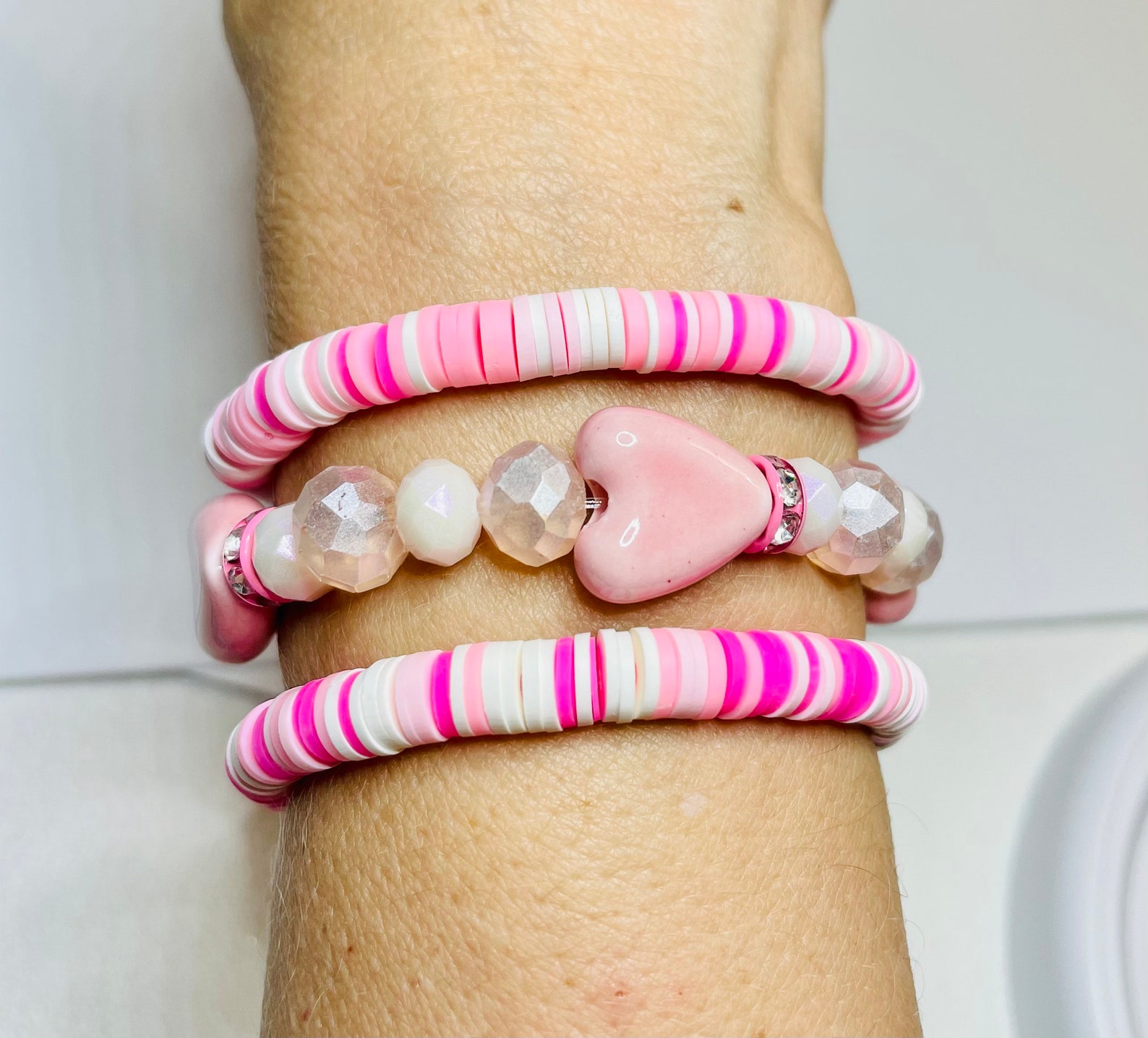 Heishi Bracelet Set Pink Sweetheart Heishi Bracelet Set | Etsy