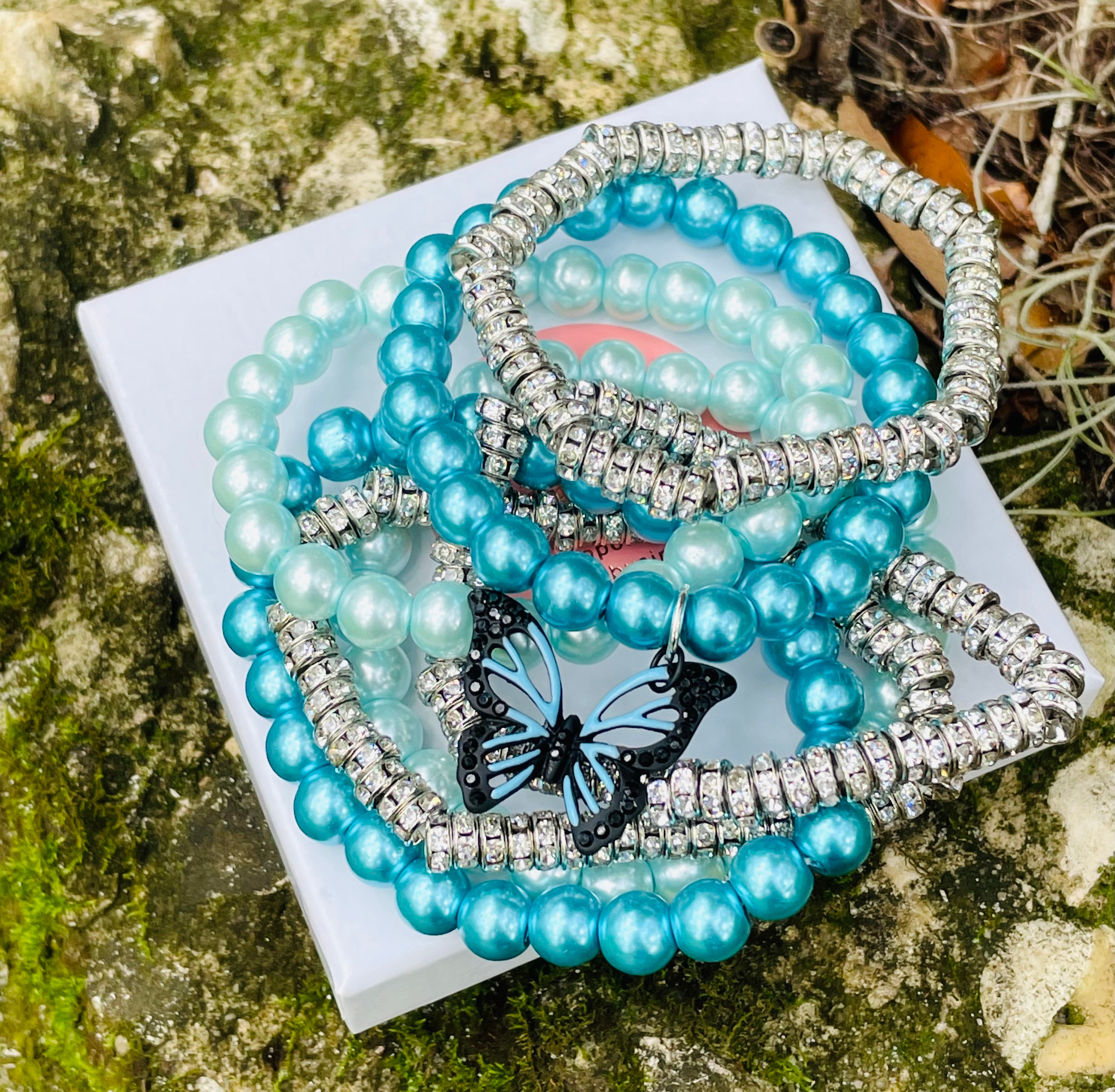 Blue Butterfly Beaded Bracelet Set Layered Bracelets Etsy