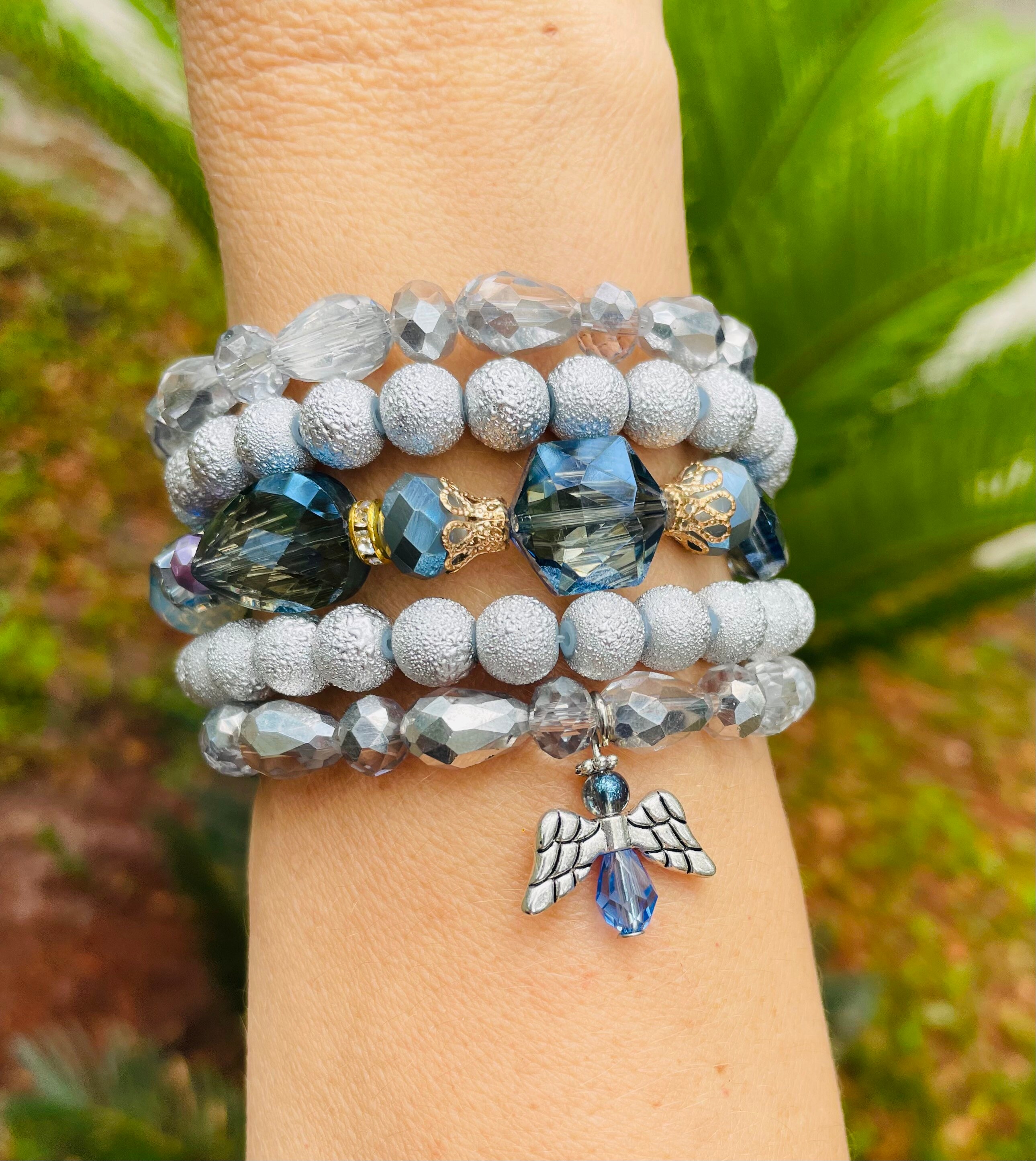 Silver Angel Beaded Stack Bracelet Set Womens Bracelets Etsy