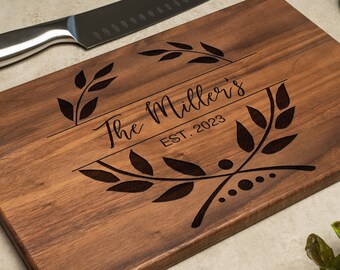 Personalized Cutting Board with Engraved Wreath Design for Housewarming or Closing Gift, Wedding gift, Anniversary Gift, Engagement Gift