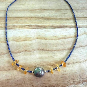 Citrine Lapis Lazuli Pearl Necklace Bracelet Set, Sterling Silver Clasp image 1