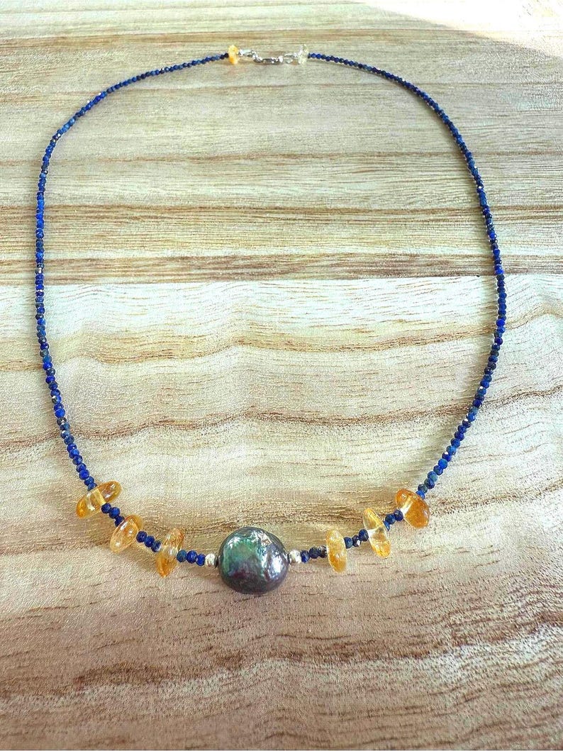 Citrine Lapis Lazuli Pearl Necklace Bracelet Set, Sterling Silver Clasp image 1