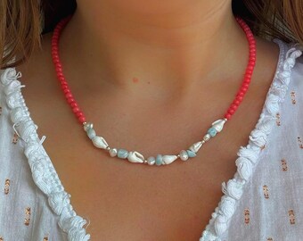 Coral, Seashell, Larimar, Pearl Necklace Bracelet Set, Divine Feminine Jewelry