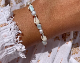 Seashell Larimar Fresh Water Pearl Sterling Silver Bracelet Necklace Set, Ocean Jewelry