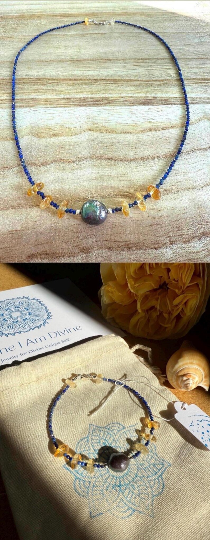 Citrine Lapis Lazuli Pearl Necklace Bracelet Set, Sterling Silver Clasp image 5