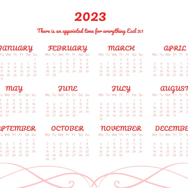 12 month 2023 wall calendar, 12 month all in one printable calendar, 12 month red letter and numbers calendar, 8x11 horizontal