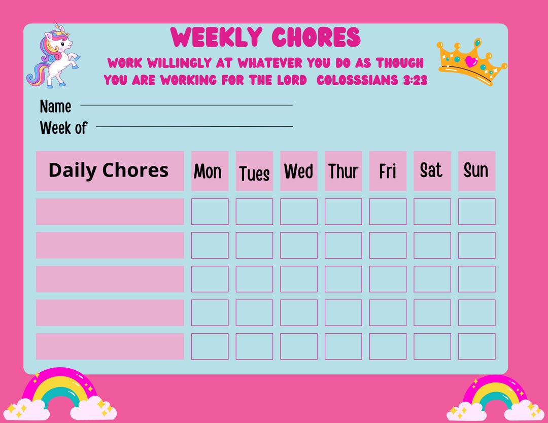 Weekly Chore List for Girls, Chore Chart, Pink, Unicorn, Printable ...
