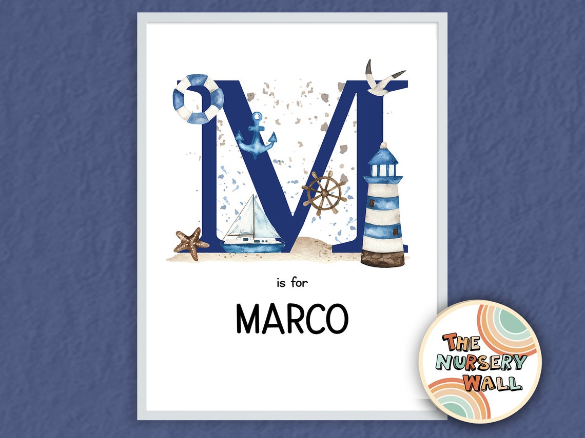 Custom Printable Name Wall Art Print Nautical Nursery Decor Kids Room