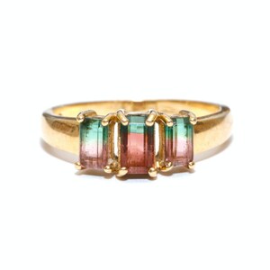 Natural Three Stone Watermelon Tourmaline Engagement Ring, Vintage Emerald Cut Watermelon Tourmaline Wedding Ring, Unique Tourmaline Ring