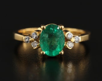 Oval Cut Natural Emerald Diamond Engagement Wedding Ring, Minimalist Emerald Diamond Bridal Promise Ring, 14K Gold Emerald Anniversary Ring