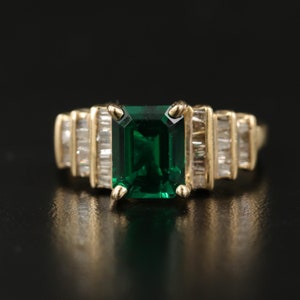 Vintage Emerald Diamond Engagement Ring, Art Deco Emerald Diamond Wedding Ring, 14K Gold Emerald Diamond Anniversary Statement Ring