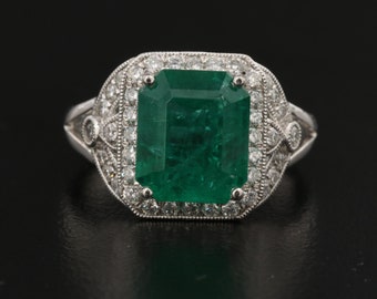 Art Deco Natural Emerald Engagement Wedding Ring, 18K Gold Emerald Diamond Bridal Wedding Ring, Vintage Emerald Statement Anniversary Ring