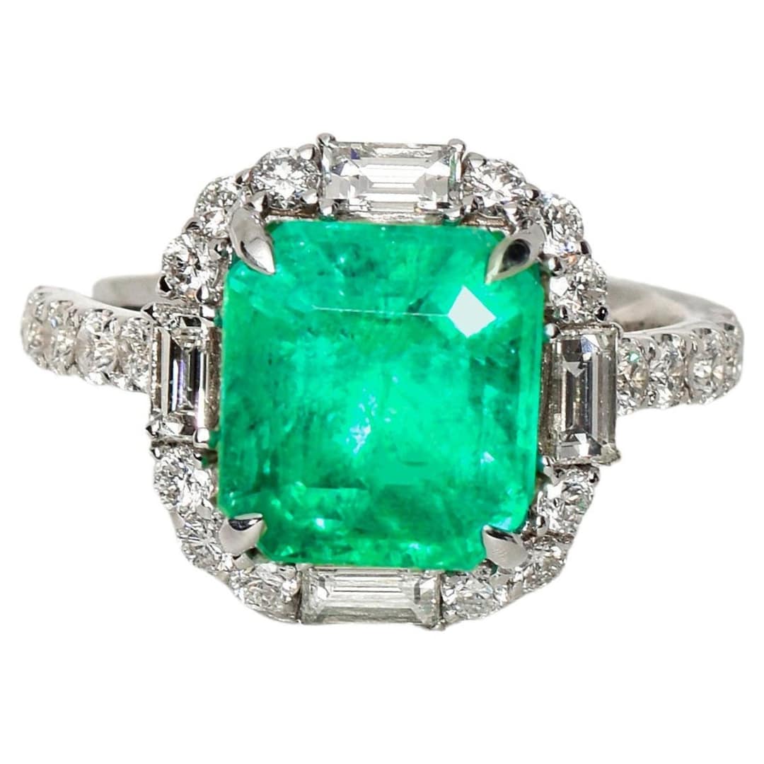 Antique Emerald Engagement Ring, Halo 3 Carat Emerald Cut Natural