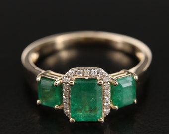 18K Gold Emerald Diamond Engagement Ring for Women, Art Deco Emerald Diamond Wedding Ring, Unique Emerald Anniversary Ring, Birthstone Ring