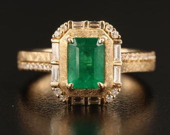 Natural Emerald Cut Emerald Diamond Engagement Ring, Victorian Emerald Diamond Wedding Ring, 14K Gold Emerald Diamond Bridal Promise Ring