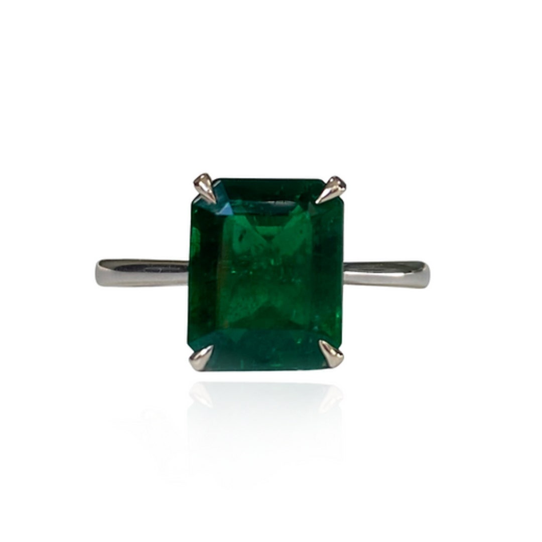 Minimalist Emerald Cut Emerlad and Diamond Engagement Ring, Natural