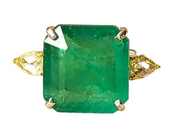 18K Gold Emerald Engagement Ring, Emerald Sapphire Wedding Ring, Halo Vintage Sapphire Engagement Ring  Bridal Diamond Promise Ring