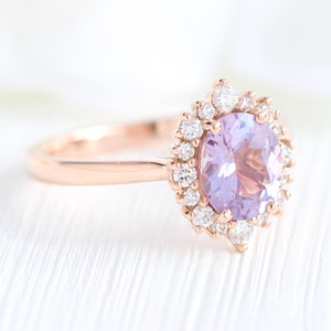 Delicate Purple Lavender Oval Cut Engagement Ring for her | 14K Rose Gold Unique Floral Bridal Wedding Ring For Women | Halo Promise Ring