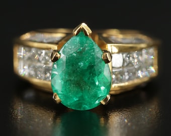 Vintage Pear Cut Emerald Diamond Engagement Wedding Ring, Art Deco Emerald Bridal Promise Ring, 14K Gold Green Emerald Anniversary Ring