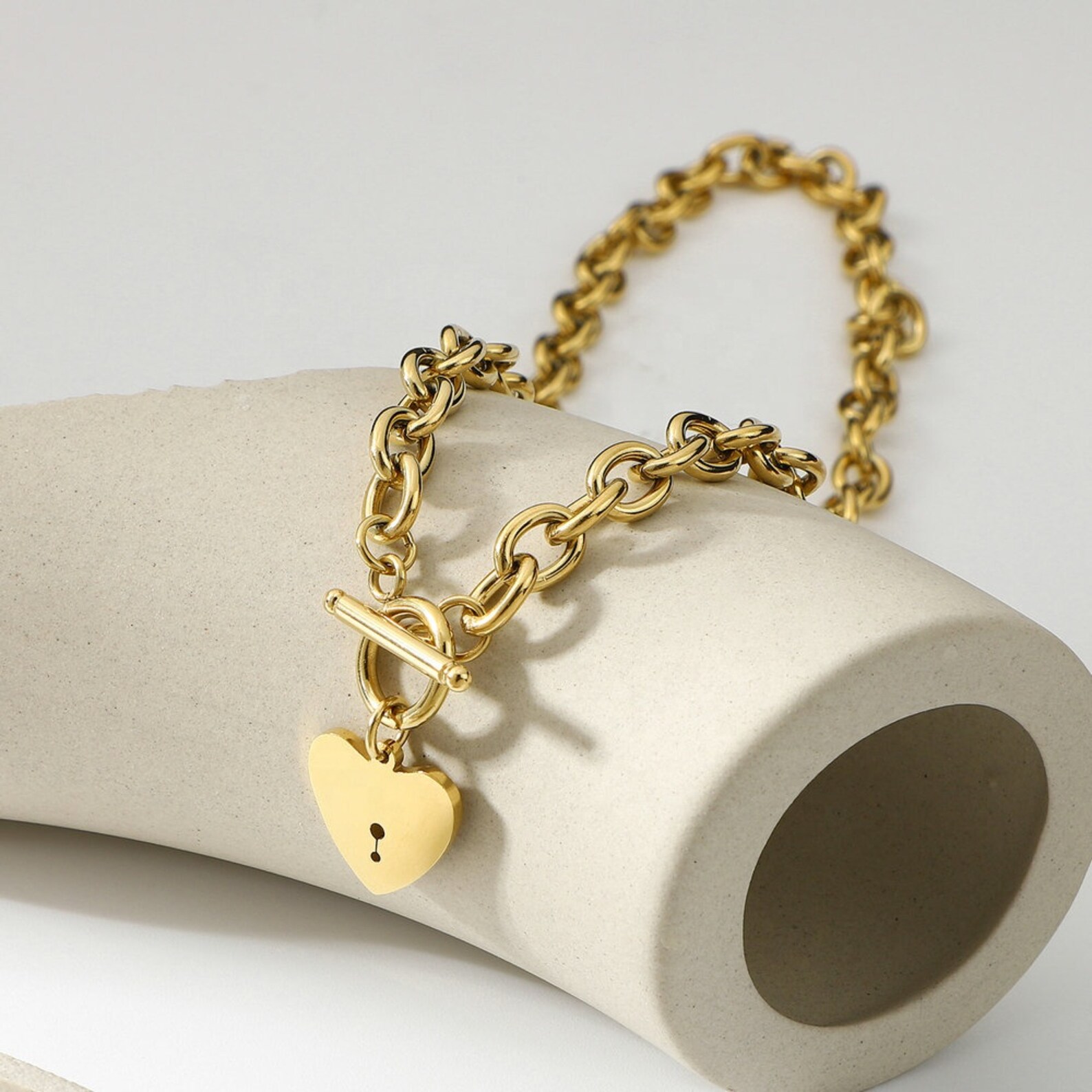 Link Chain Heart Necklace 14K Gold Plated Titanium Steel Etsy