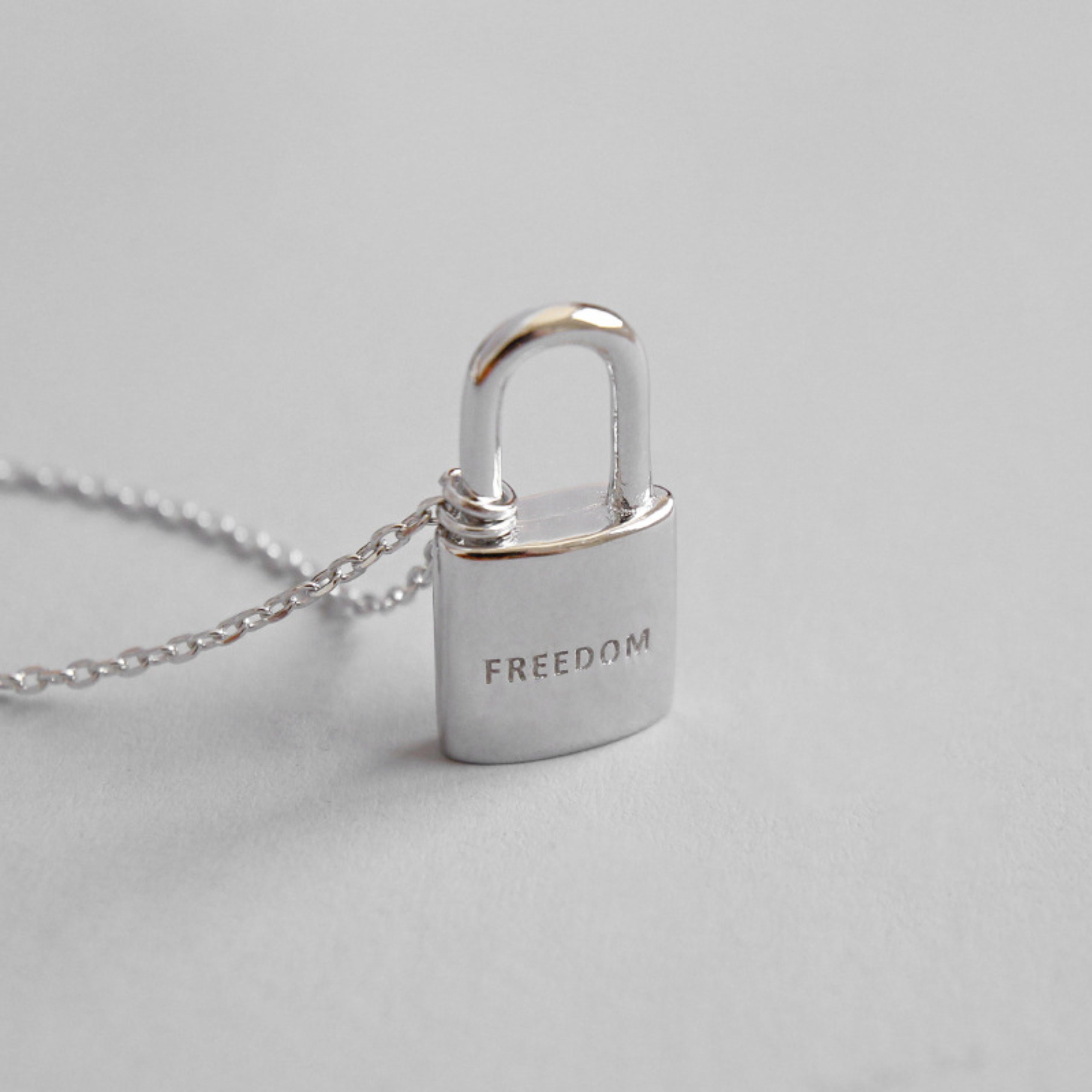 Engraved FREEDOM Lock Pendant Necklace Rhodium Sterling Etsy