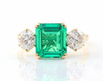 3 Stone Emerald Diamond Engagement Ring | Unique Emerald Wedding Ring | Classic Emerald Diamond Bridal Ring for Her | May Birthstone Ring