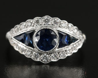 Unique Round Cut Sapphire Engagement Ring Vintage Sapphire Diamond Ring Art Deco Natural Sapphire Wedding Ring, 18K Gold Sapphire Promise