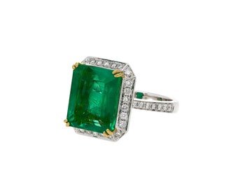 Natural Emerald Cut Emerald Engagement Ring, Emerald Wedding Ring, Halo Vintage Diamond Engagement Ring Bridal Diamond Promise Ring
