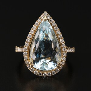 14K Gold 8CT Pear Cut Aquamarine Engagement Ring Antique Bridal Blue Natural Aquamarine and Moissanite Wedding Ring for her Halo Vintage