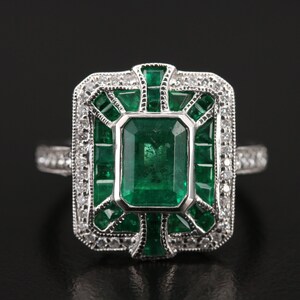 Antique Emerald Diamond Engagement Wedding Ring, Art Deco Emerald Bridal Cocktail Ring, 18K Gold Emerald Diamond Statement Anniversary Ring