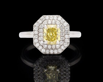 Double Halo Yellow Sapphire Ring, Yellowstone Diamond Engagement Ring, Yellow Sapphire Wedding Ring, Unique Moissanite Ring, Anniversary