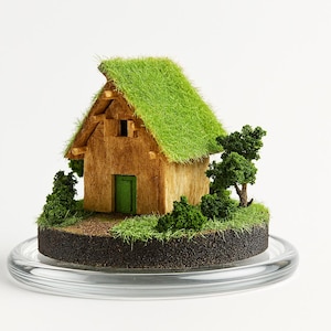 Handcrafted Tiny House Diorama in Glass Dome: Miniature Home Decor