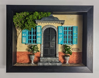 Miniature Italian Facade Shadow Box: Handcrafted Mediterranean Diorama Wall Art