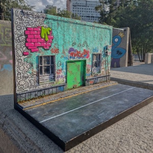 Abandoned Garage Diorama with Graffiti | Miniature Photography Base | 1-24  and 1-50 Scale | Diorama base | Miniature photography