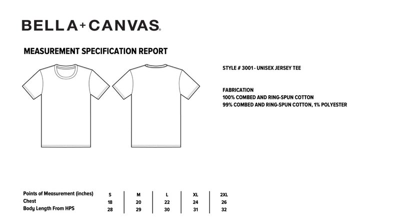 Op de afbeelding: Wit t-shirt ontwerp met voor- en achteraanzicht, vergezeld van een specificatierapport voor afmetingen. Het rapport bevat borst- en lichaamslengtematen in cm voor de maten S tot 2XL. Het t-shirt is gemaakt van gekamd en ringgesponnen katoen.