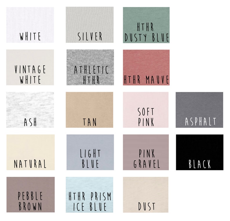 Op de afbeelding: Een kleurenkaart met stofstalen in verschillende tinten. De kaart bevat kleuren als wit, zilver, dusty blue, vintage wit, athletic heather, heather mauve, as, tan, zachtroze, asfalt, naturel, lichtblauw, roze grind, zwart, pebble brown, heather prism ice blue en dust.