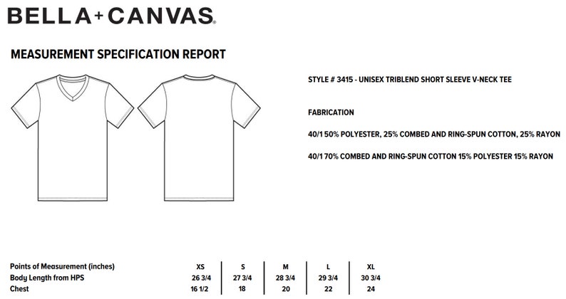 Op de afbeelding: Wit unisex V-hals T-shirt met korte mouwen, getoond van voor en achter. De afbeelding bevat een maatspecificatierapport met maatdetails in cm en informatie over de stofsamenstelling.
