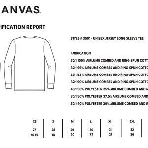 May include: A measurement chart for a unisex long sleeve jersey tee, showing the different sizes and fabrications available. The chart includes measurements for body length from the highest point of the shoulder and chest, in inches. The fabrications include 100% airlume combed and ring-spun cotton, 99% airlume combed and ring-spun cotton with 1% polyester, 52% airlume combed and ring-spun cotton with 48% polyester, 90% airlume combed and ring-spun cotton with 10% polyester, 50% polyester with 25% airlume combed and ring-spun cotton and 25% rayon, 50% polyester with 37.5% airlume combed and ring-spun cotton and 12.5% rayon, and 40% polyester with 30% airlume combed and ring-spun cotton and 30% rayon.