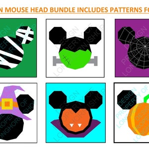 May include: Six different Halloween mouse head patterns. Each pattern is a different color and features a different Halloween theme, including a spiderweb, a pumpkin, a witch's hat, a vampire, a Frankenstein monster, and a zebra.