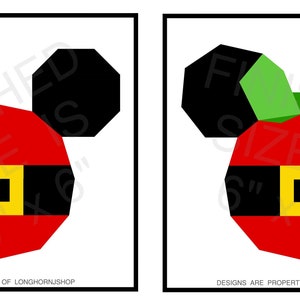 Pode incluir: Duas cabeças geométricas do Mickey Mouse vermelhas, pretas e amarelas. A cabeça à esquerda tem orelhas pretas. A cabeça à direita tem orelhas verdes.